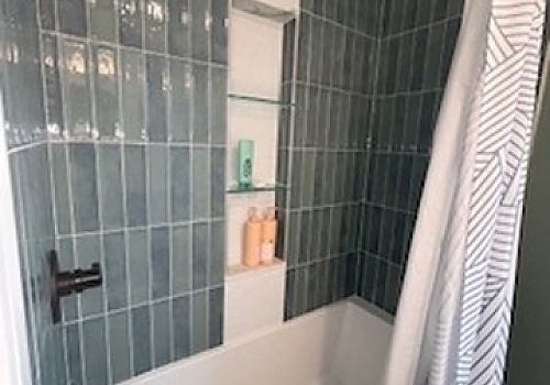 a modernized bathroom with a shower, sink, and tub in Hinsdale